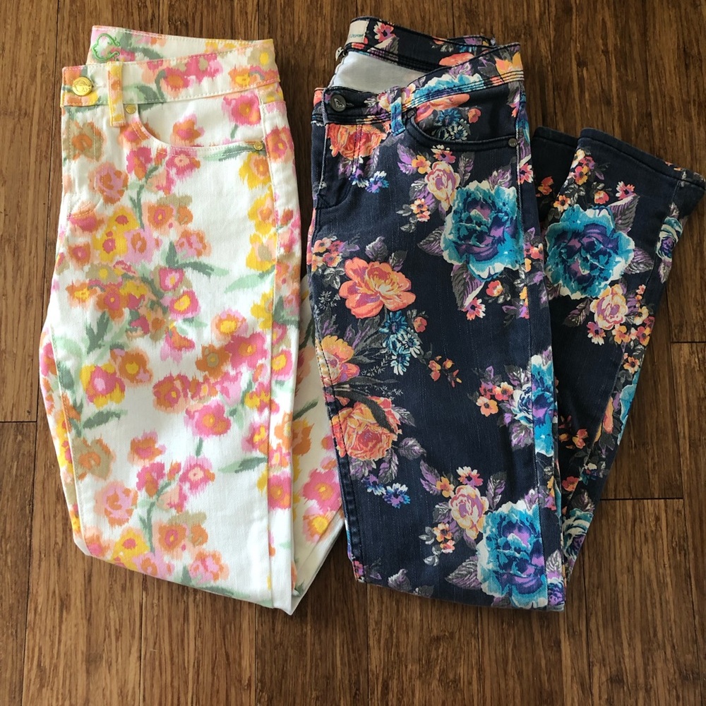 Two pairs of yin yang floral skinny jeans
